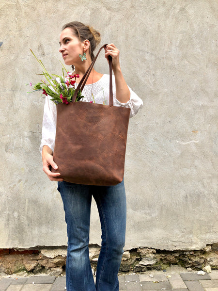 Tall leather tote / Medium leather bag / Brown Handbag