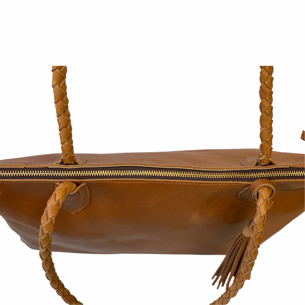 Vintage brown leather tote with tassel