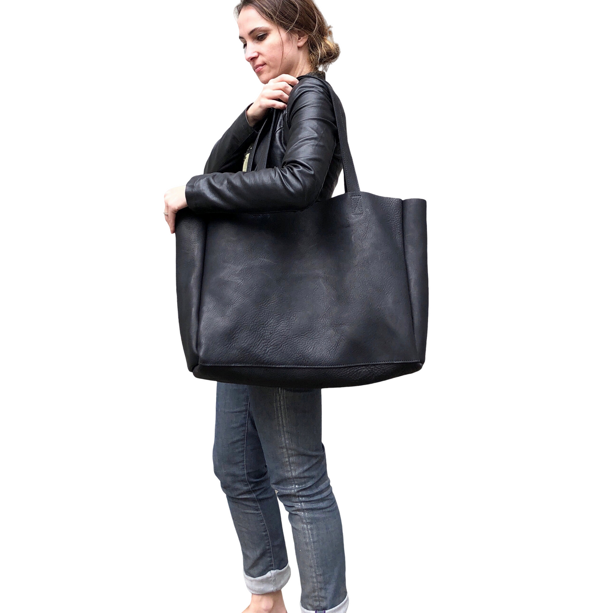 Metallic silver oversized leather bag, Large shopper carryall