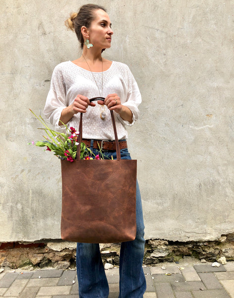 Tall leather tote / Medium leather bag / Brown Handbag