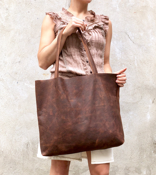 Oversize Leather Tote / Tall Leather Bag Brown