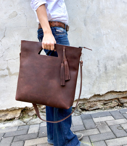 Tall crossbody leather tote bag Unique handmade purse