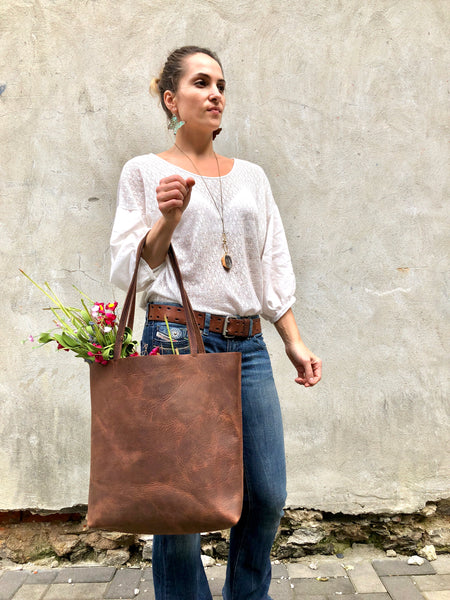 Tall leather tote / Medium leather bag / Brown Handbag