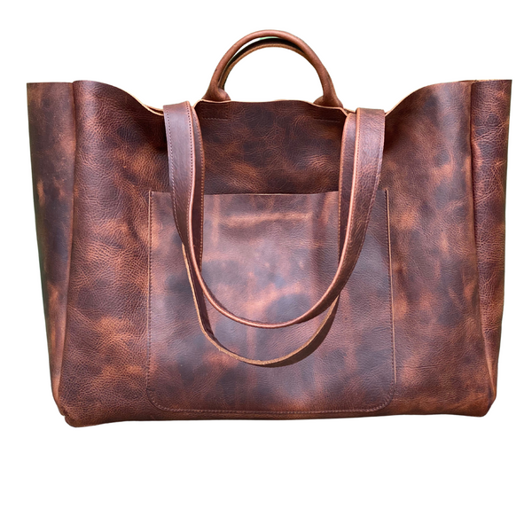 Oversized brown leather tote with double handles