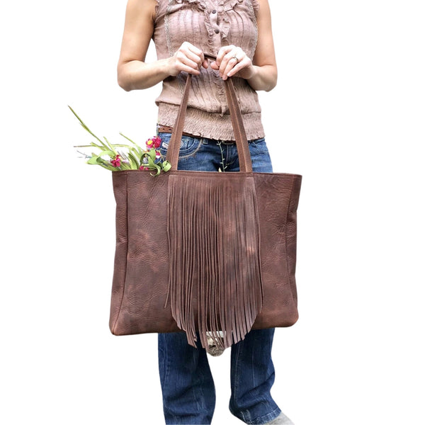 Extra Large Leather bag with fringe,  Oversized work and travel  leather bag