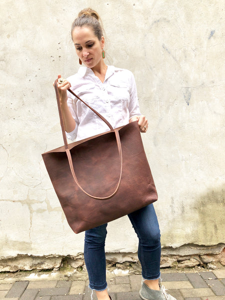 Oversize Leather Tote / Tall Leather Bag Brown