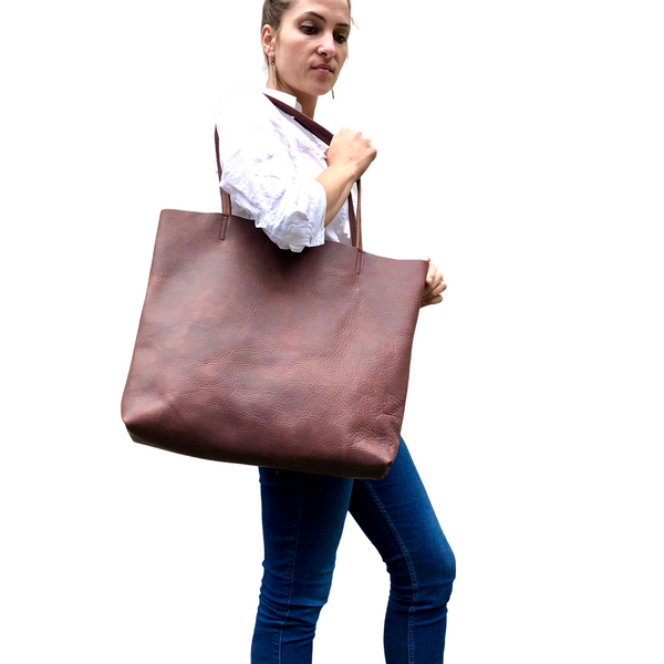 Oversize Leather Tote / Tall Leather Bag Brown