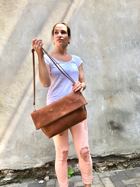 Brown leather tote / Crossbody Clutch bag