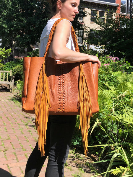 Cognac, boho chic braided leather bag