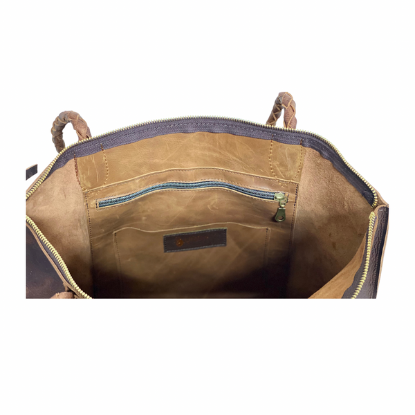 Vintage brown leather tote with tassel