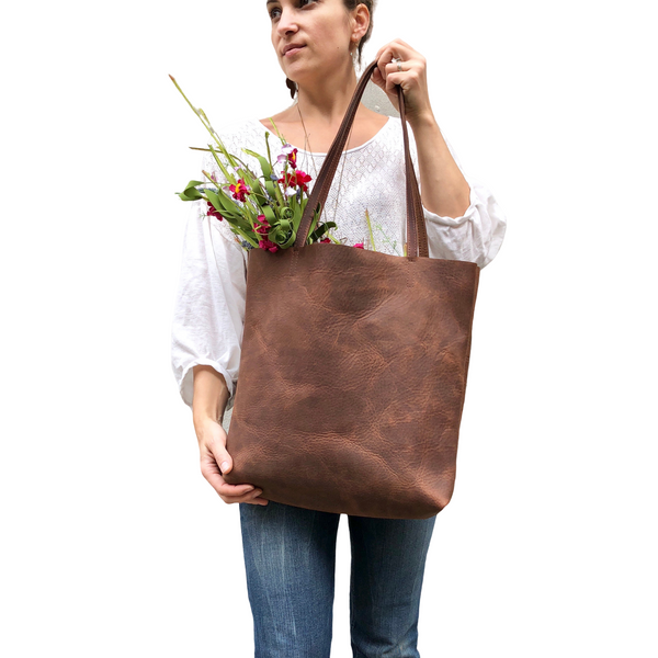 Tall leather tote / Medium leather bag / Brown Handbag