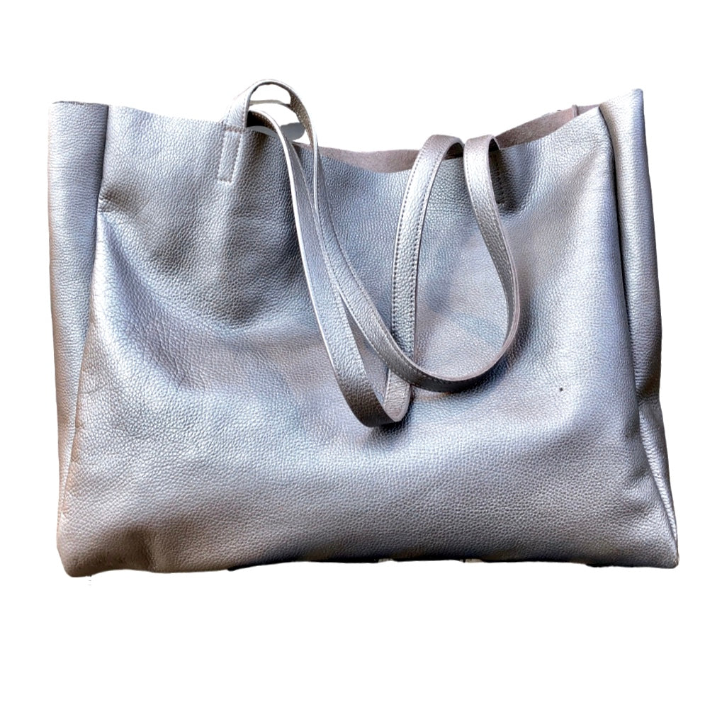 Silver Leather Bag, Metallic Leather Tote Bag, Leather Hobo Shoulder Bag,  Leather Shopping Bag, Oversized Leather Bag 