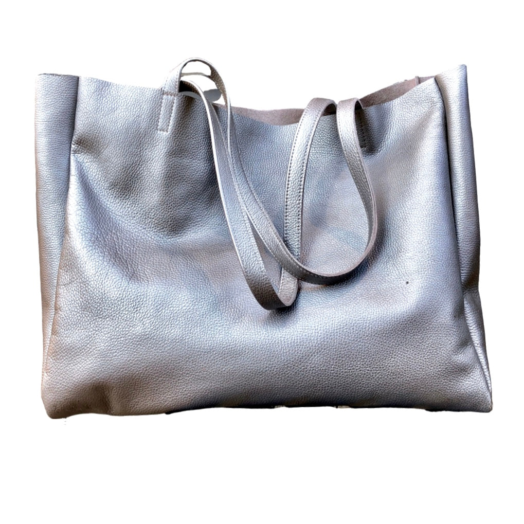 Metallic graphite oversized leather bag, Large shopper carryall