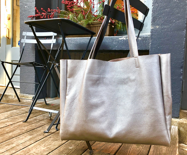 Metallic graphite oversized leather bag, Large shopper carryall