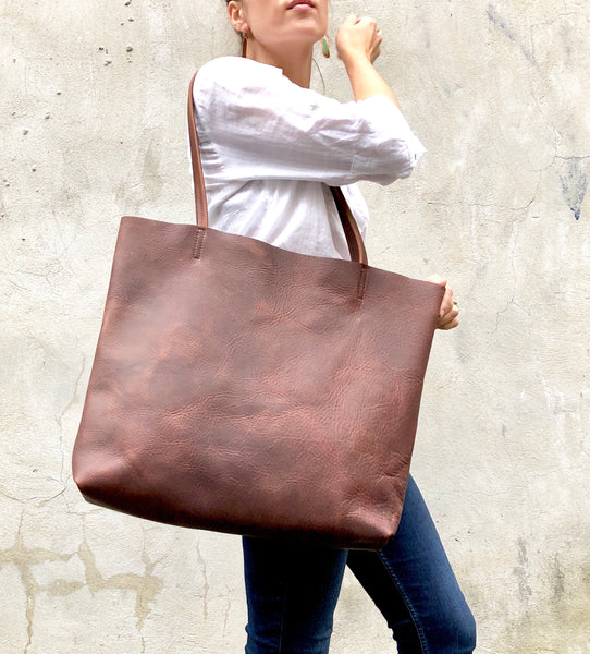 Oversize Leather Tote / Tall Leather Bag Brown