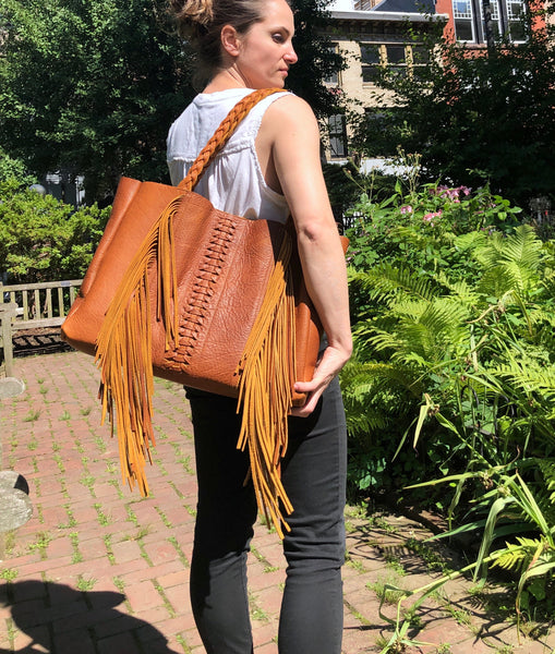 Cognac, boho chic braided leather bag