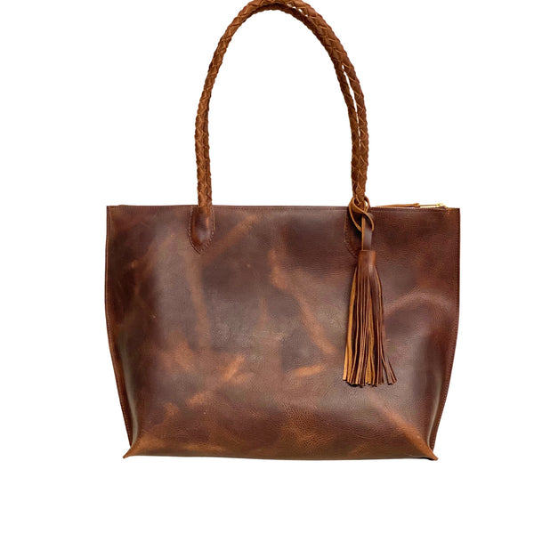 Vintage brown leather tote with tassel