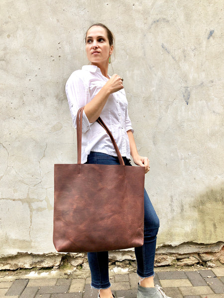 Oversize Leather Tote / Tall Leather Bag Brown