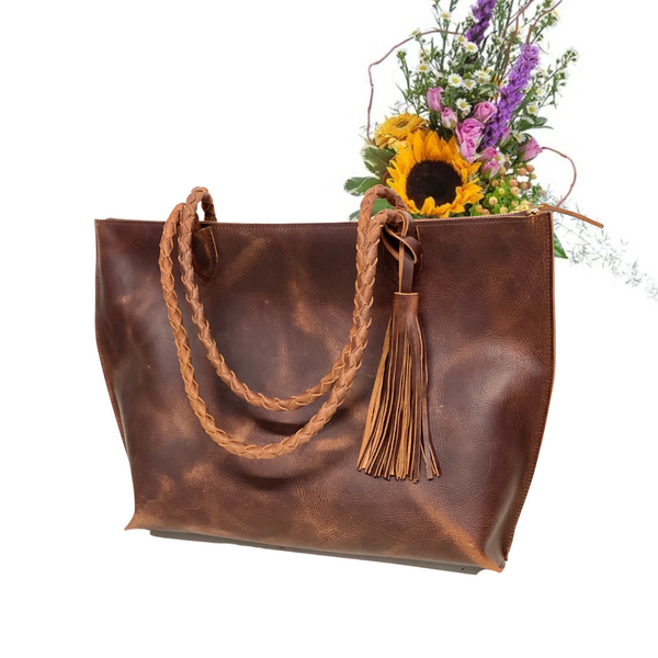 Vintage brown leather tote with tassel