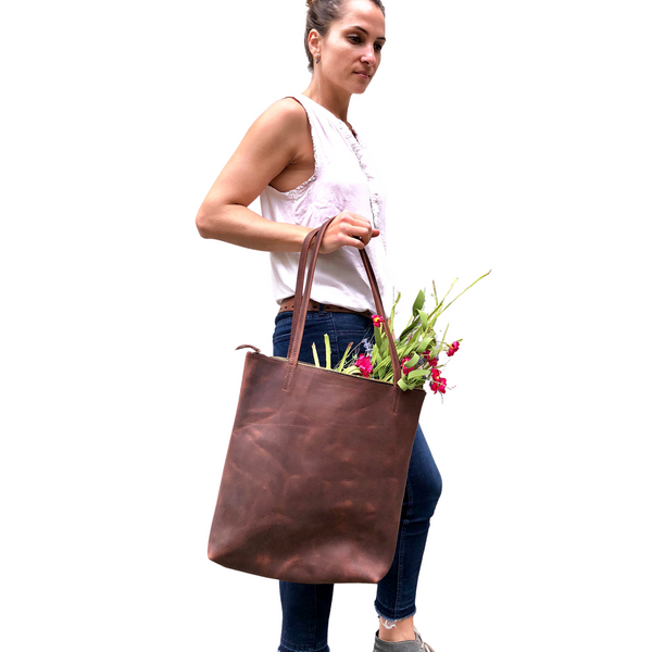 Tall Leather bag with zipper, Everyday leather tote