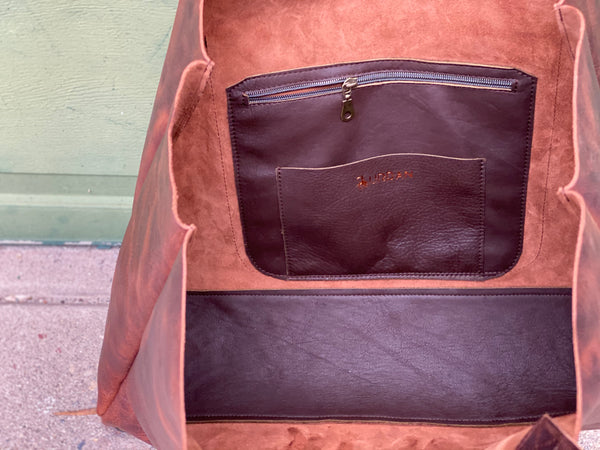 Oversized brown leather tote with double handles
