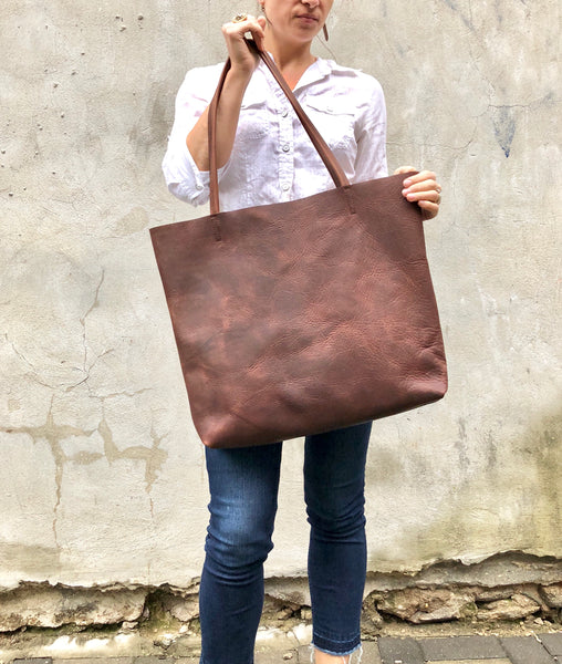 Oversize Leather Tote / Tall Leather Bag Brown