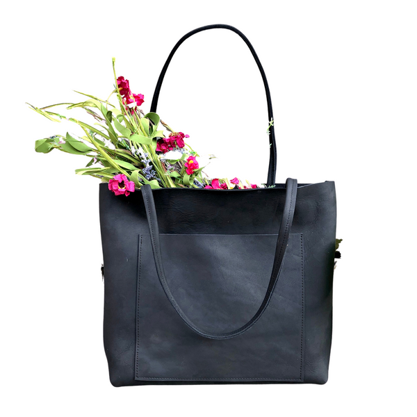 Large Black Leather Tote with front pocket , Work and travel leather bag