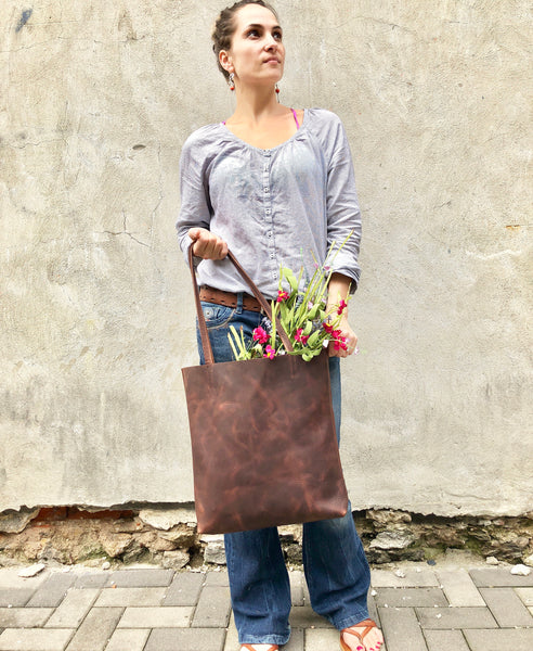 Tall Leather bag with zipper, Everyday leather tote