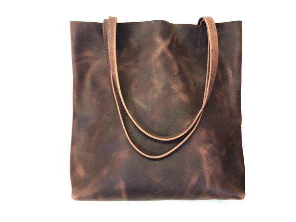 Tall Leather bag with zipper, Everyday leather tote