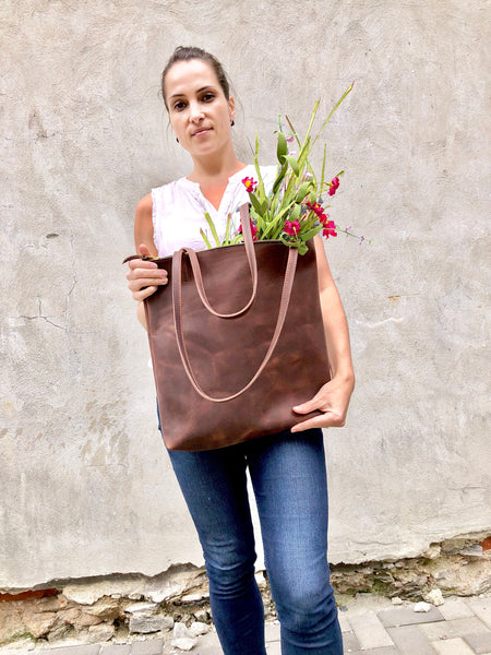 Tall Leather bag with zipper, Everyday leather tote