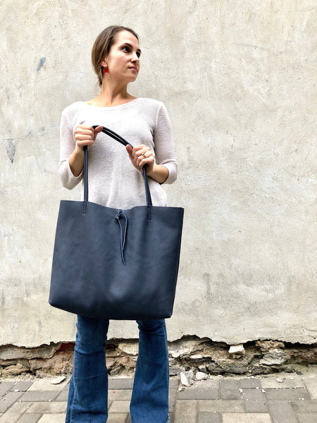 Large black leather crossbody bag, Oversized work and travel leather tote