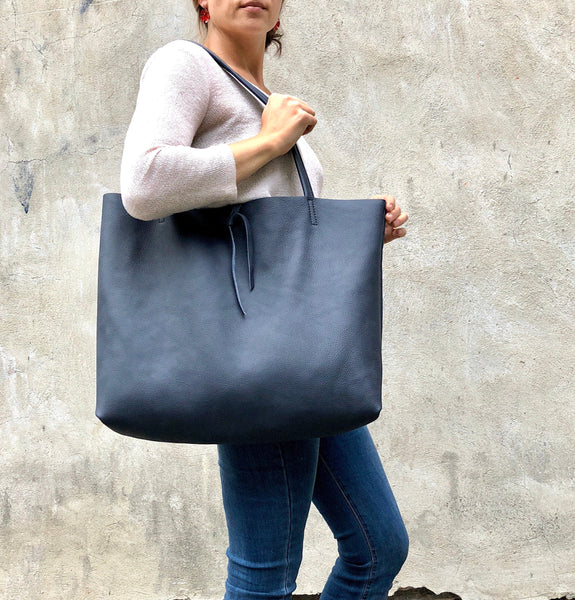 Large black leather crossbody bag, Oversized work and travel leather tote