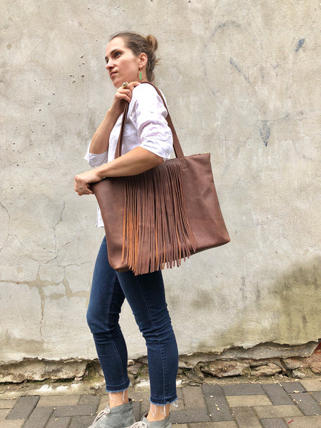 Leather tote with fringe, Sturdy Shopper, Travel bag