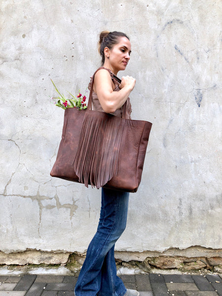 Extra Large Leather bag with fringe,  Oversized work and travel  leather bag