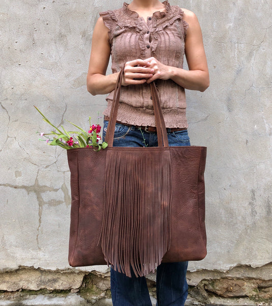 Extra Large Leather bag with fringe,  Oversized work and travel  leather bag