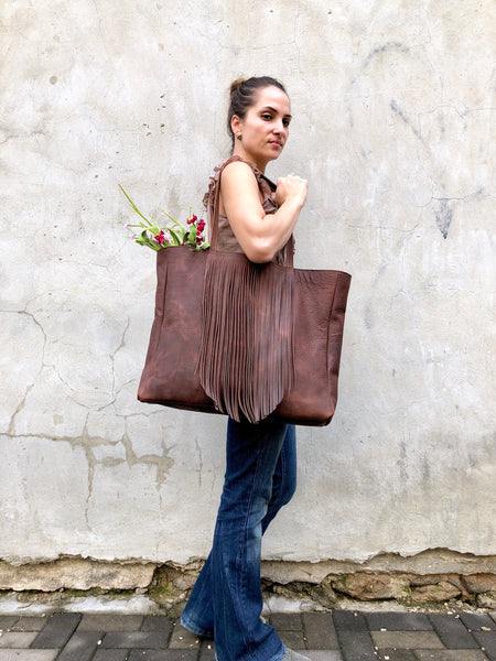 Extra Large Leather bag with fringe,  Oversized work and travel  leather bag