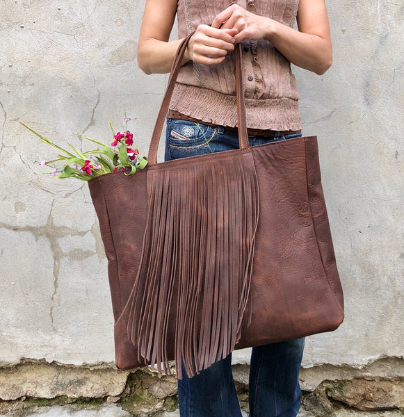 Extra Large Leather bag with fringe,  Oversized work and travel  leather bag