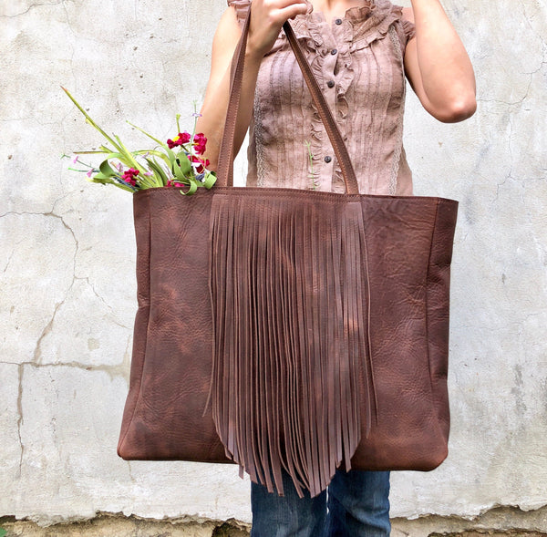 Extra Large Leather bag with fringe,  Oversized work and travel  leather bag