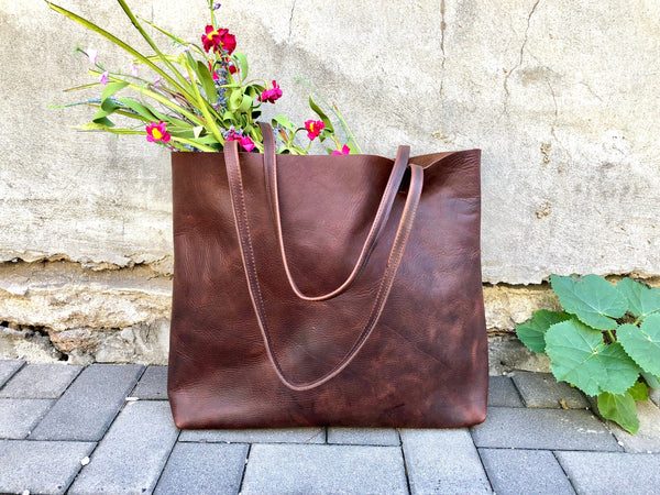Large Brown Leather Tote Bag, Oversized Leather Shopper bag with zipper
