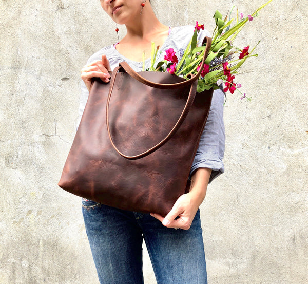 Tall Leather bag with zipper, Everyday leather tote