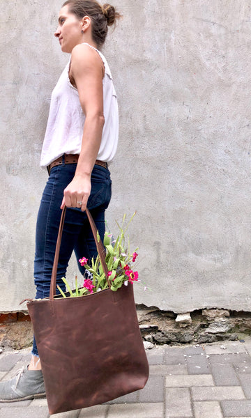 Tall Leather bag with zipper, Everyday leather tote