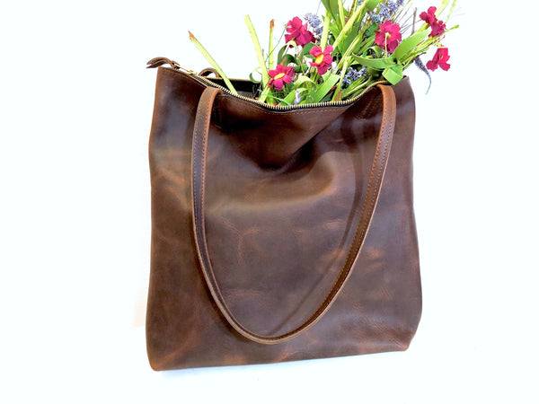 Tall Leather bag with zipper, Everyday leather tote