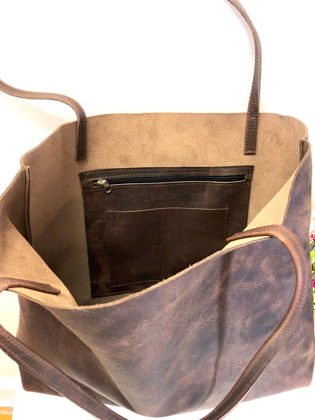 Large Brown Leather Tote Bag, Oversized Leather Shopper bag with zipper