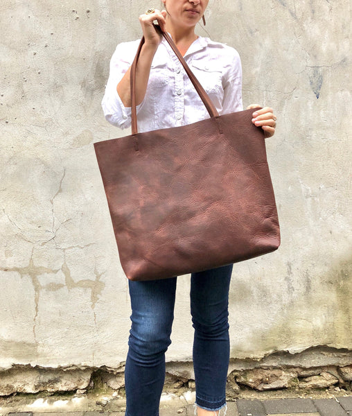 Large Brown Leather Tote Bag, Oversized Leather Shopper bag with zipper