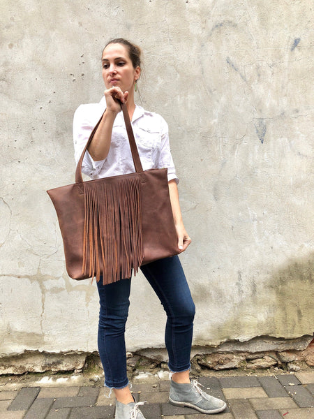 Leather tote with fringe, Sturdy Shopper, Travel bag