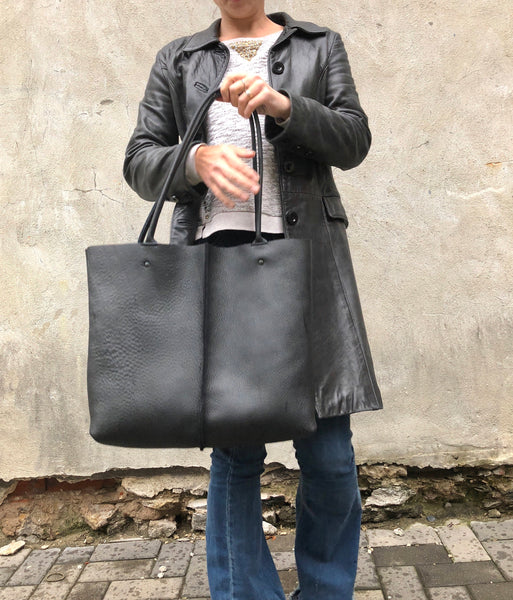 Large Black Leather Tote, Work and travel leather bag, Crossbody bag