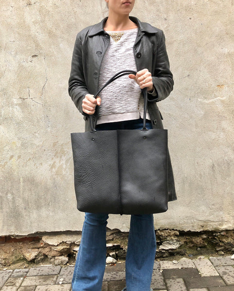 Large Black Leather Tote, Work and travel leather bag, Crossbody bag