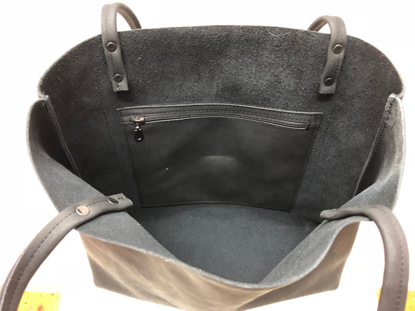 Large Black Leather Tote with front pocket , Work and travel leather bag