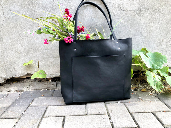 Large Black Leather Tote with front pocket , Work and travel leather bag