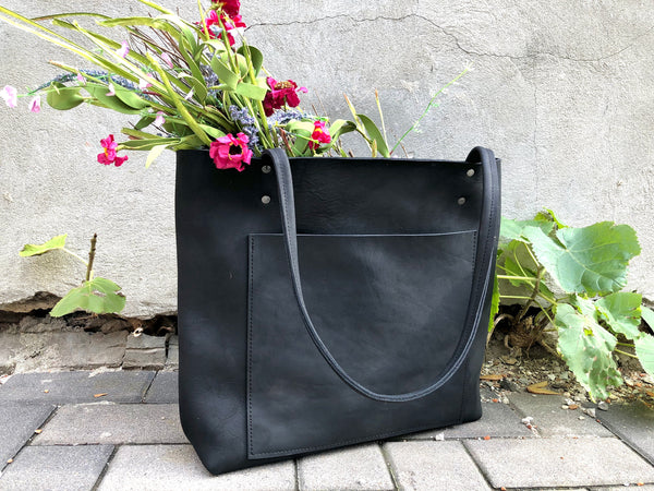 Large Black Leather Tote with front pocket , Work and travel leather bag